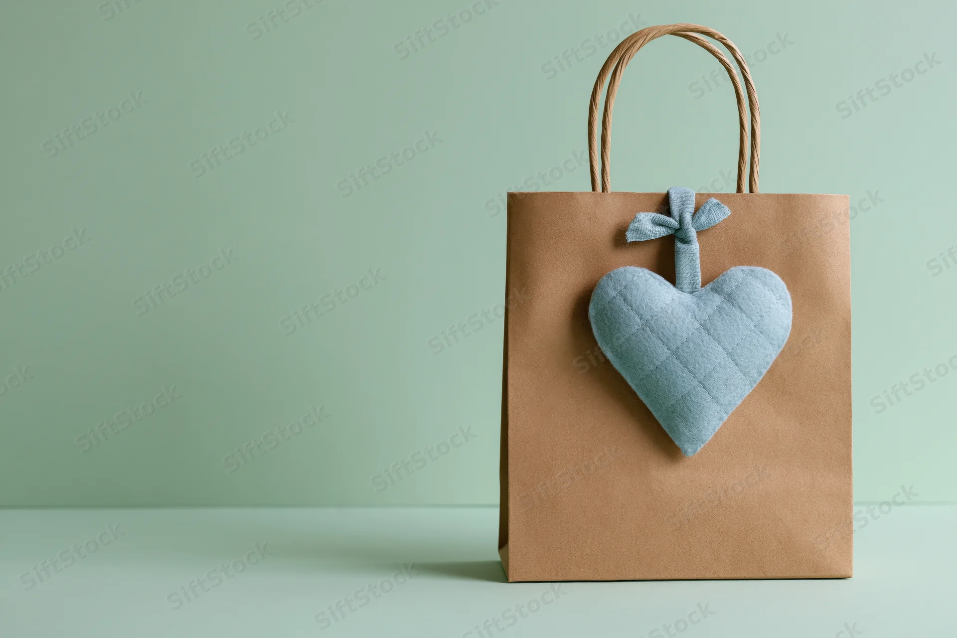 Kraft paper shopping bag with a blue quilted fabric heart ornament on a mint green background