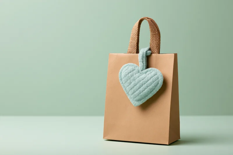 Kraft paper bag with a soft fabric heart ornament on a mint green surface