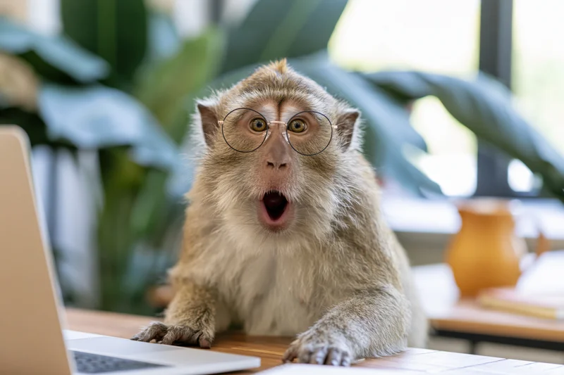 Monkey wearing round wire-frame glasses sitting at a desk with a laptop, mouth open in surprise, in an office setting with plants and natural light