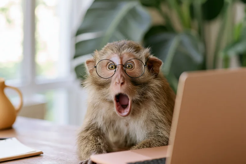 Monkey wearing round glasses sitting at desk with laptop, mouth open in surprise, indoors near window and plant