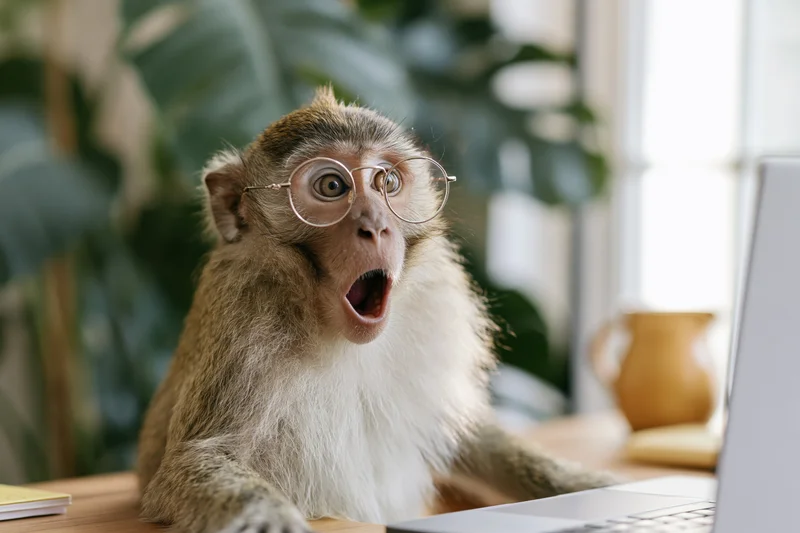 Monkey wearing round wire-frame glasses with surprised expression sitting at desk in front of laptop in indoor office setting
