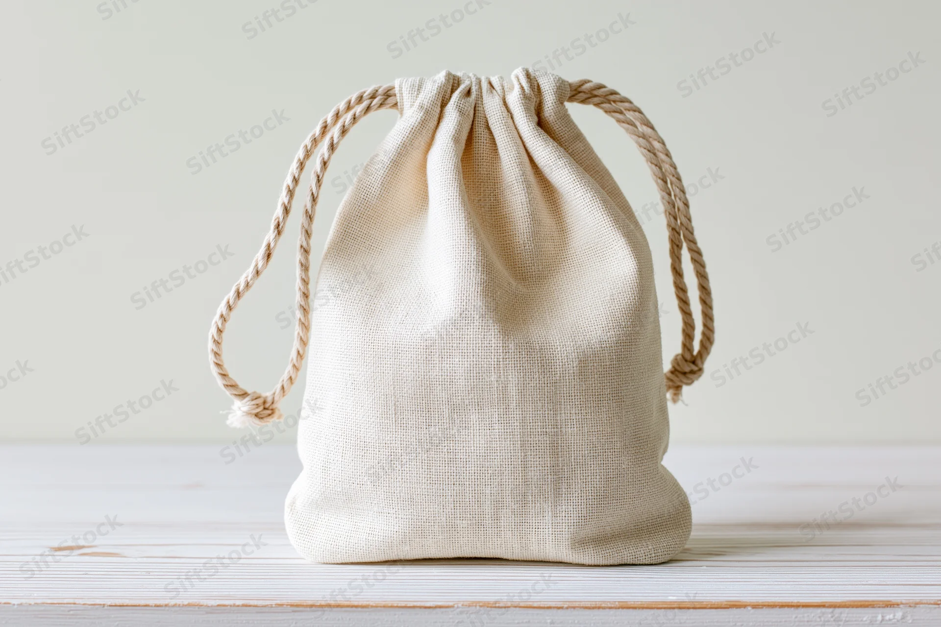 Small natural cotton muslin drawstring pouch sitting upright on a white wooden surface