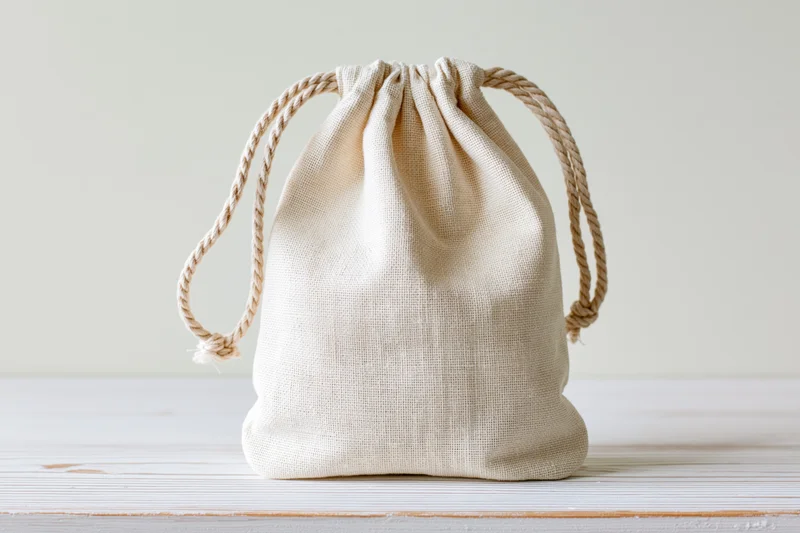 Small natural cotton muslin drawstring pouch sitting upright on a white wooden surface