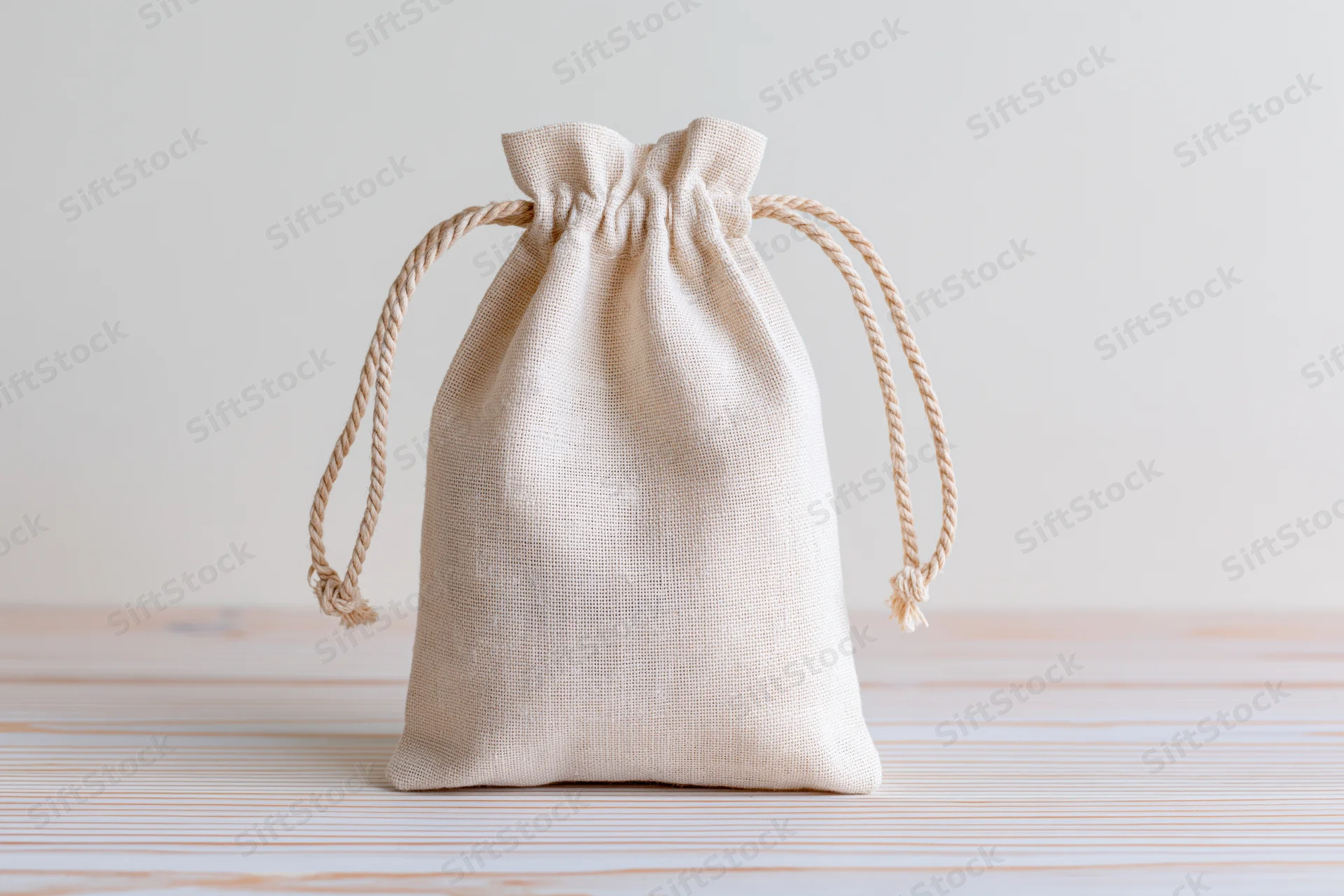 Small natural cotton muslin drawstring pouch sitting upright on wooden surface