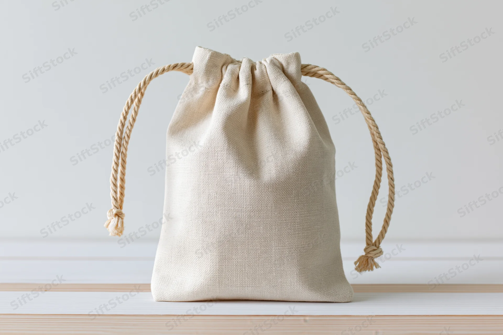 Small natural cotton muslin drawstring pouch sitting upright on a white wooden surface