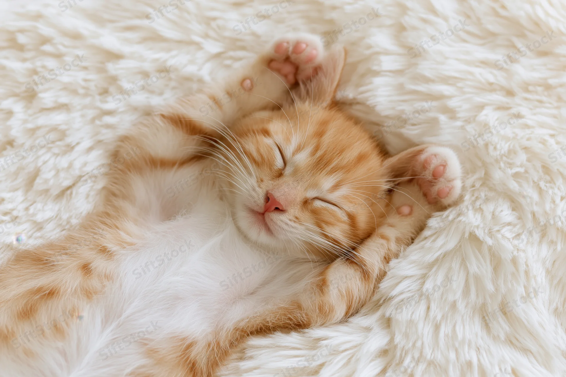 Orange tabby kitten sleeping on its back on a white fluffy blanket