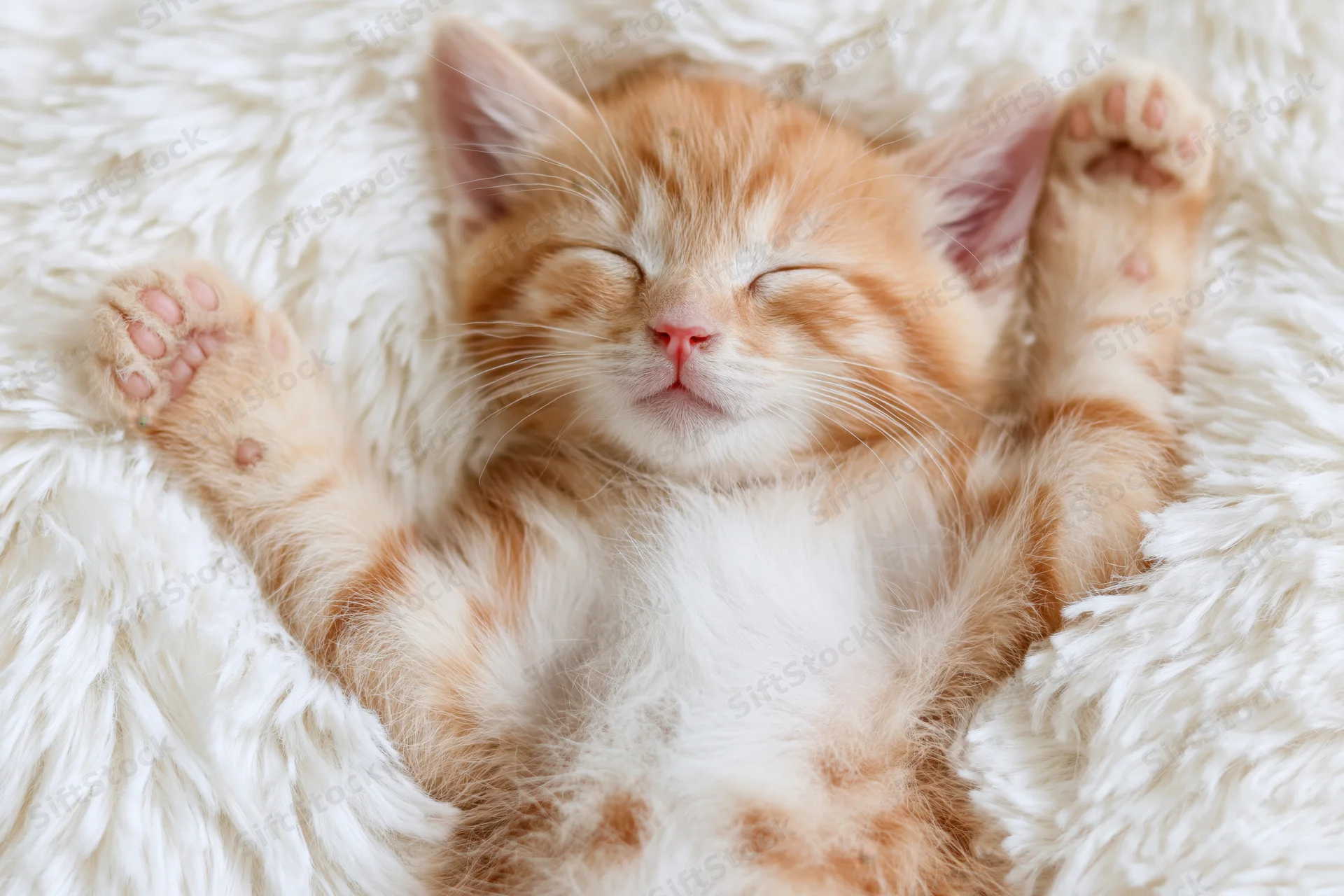 Orange tabby kitten sleeping on its back on a white fluffy rug