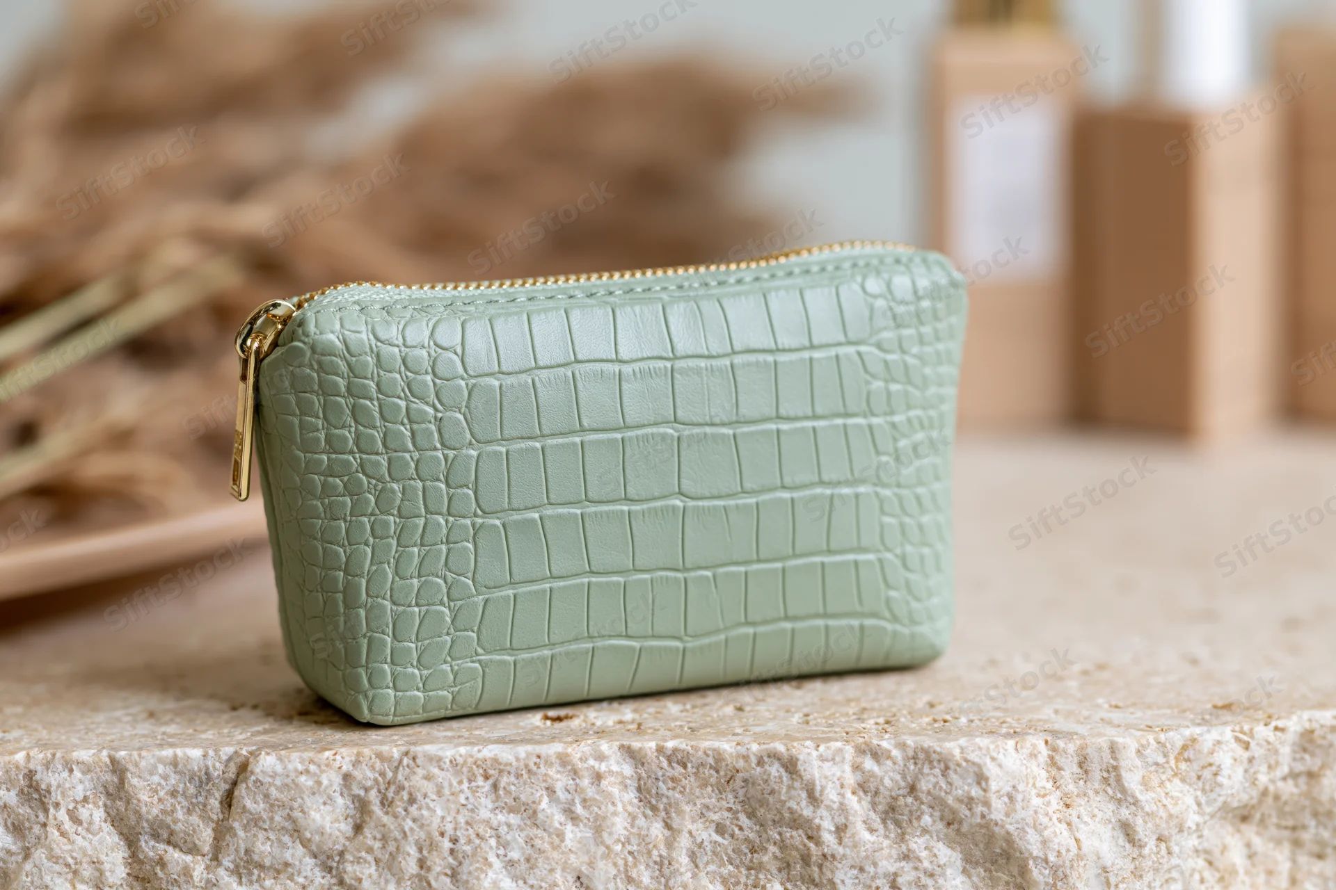 Sage green crocodile-embossed faux leather cosmetic pouch with gold zipper on stone countertop