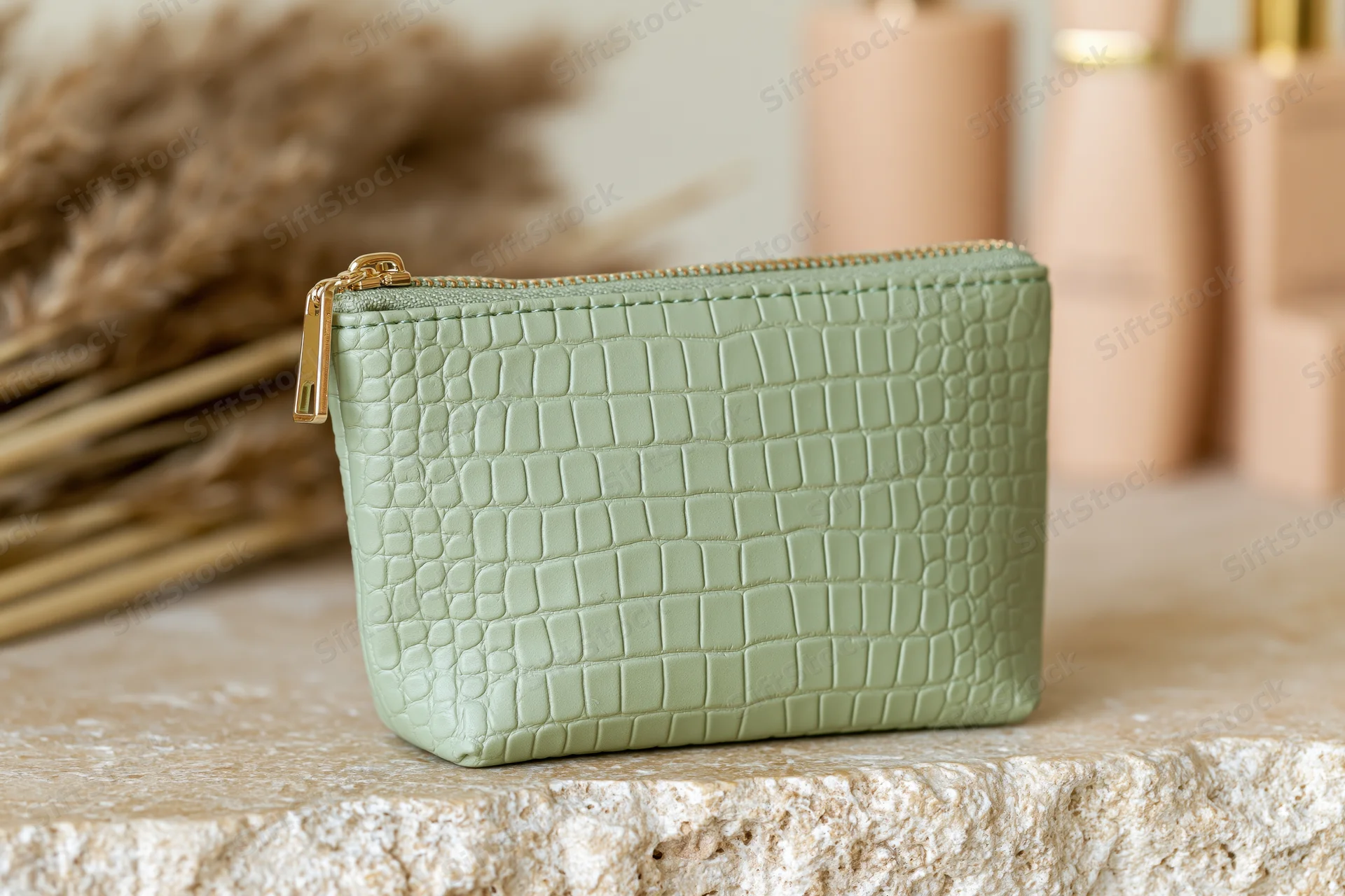 Sage green crocodile-embossed faux leather cosmetic pouch on stone countertop with dried flowers and beauty bottles in background