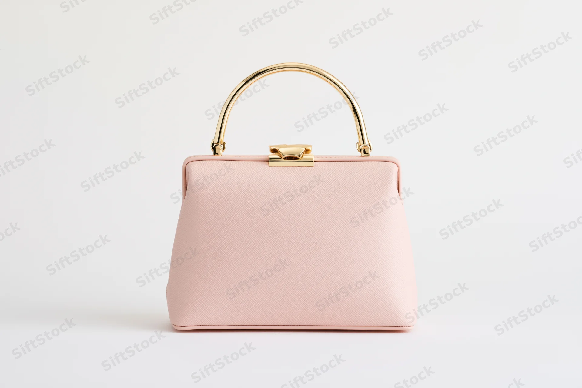 Blush saffiano-textured structured handbag with gold handle and clasp isolated on white background
