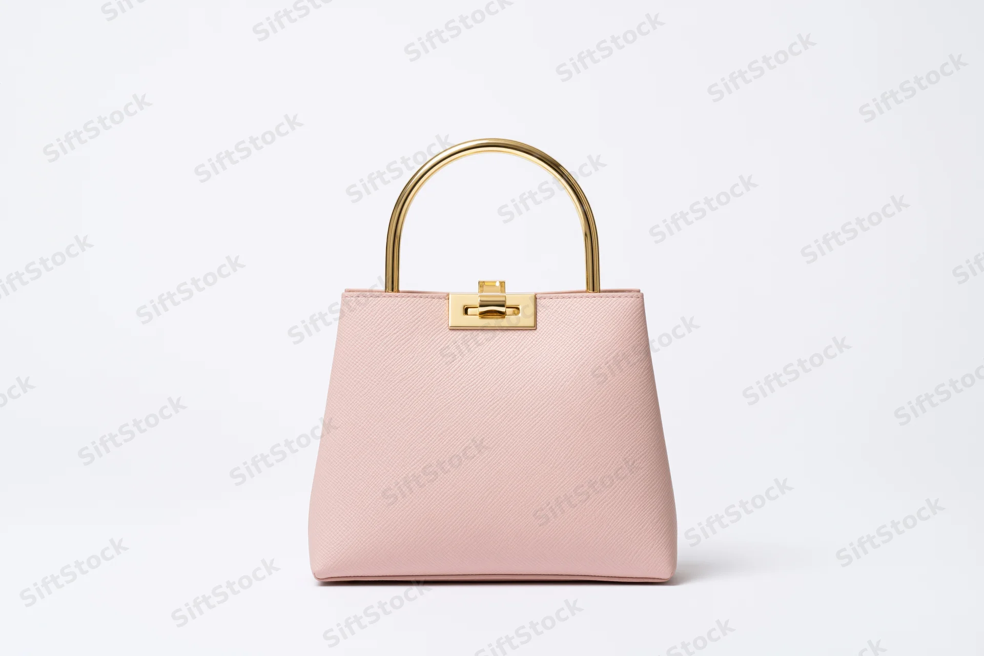 Small structured blush handbag with saffiano texture and gold hardware on white background