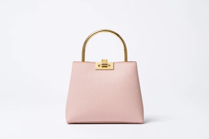 Small structured blush handbag with saffiano texture and gold hardware on white background