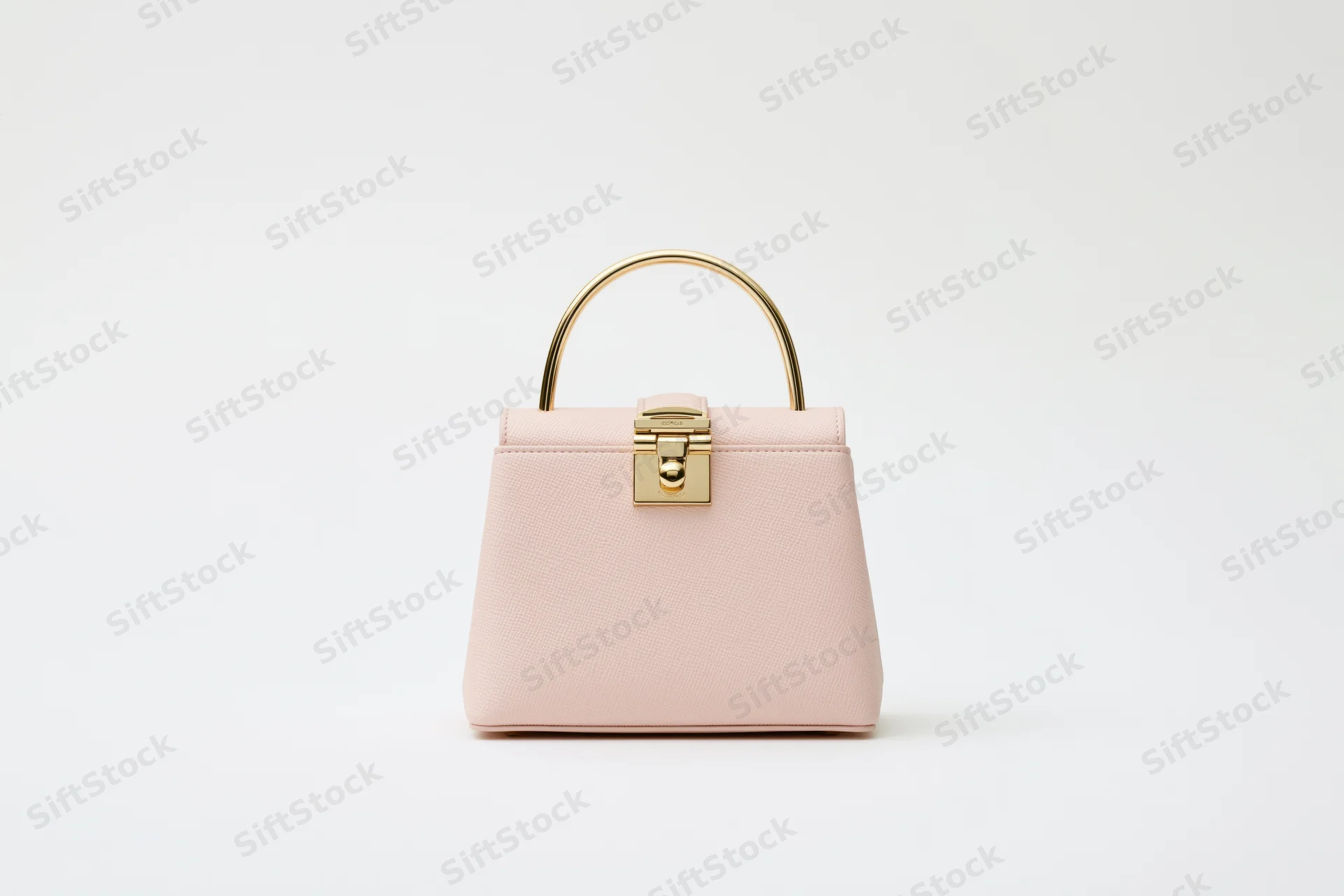 Small structured blush handbag with gold hardware on white background