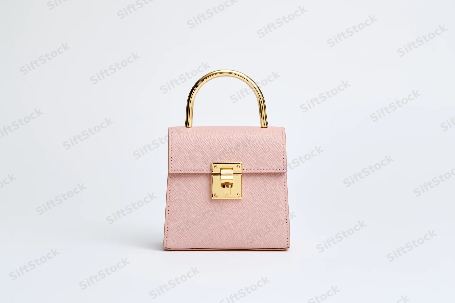 Small structured blush handbag with gold hardware on white background