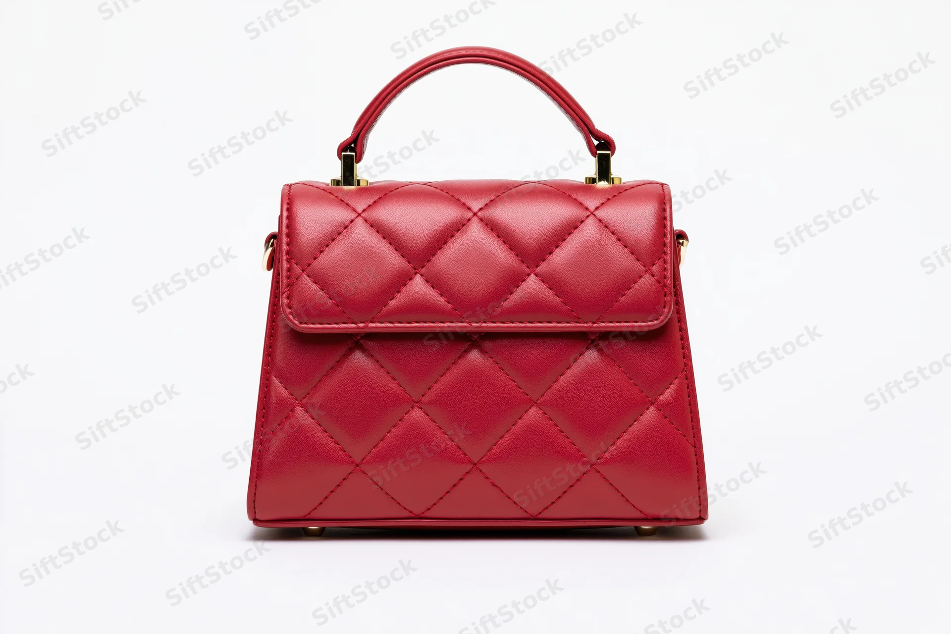 Small structured red leather handbag with quilted diamond stitching and gold hardware on white background