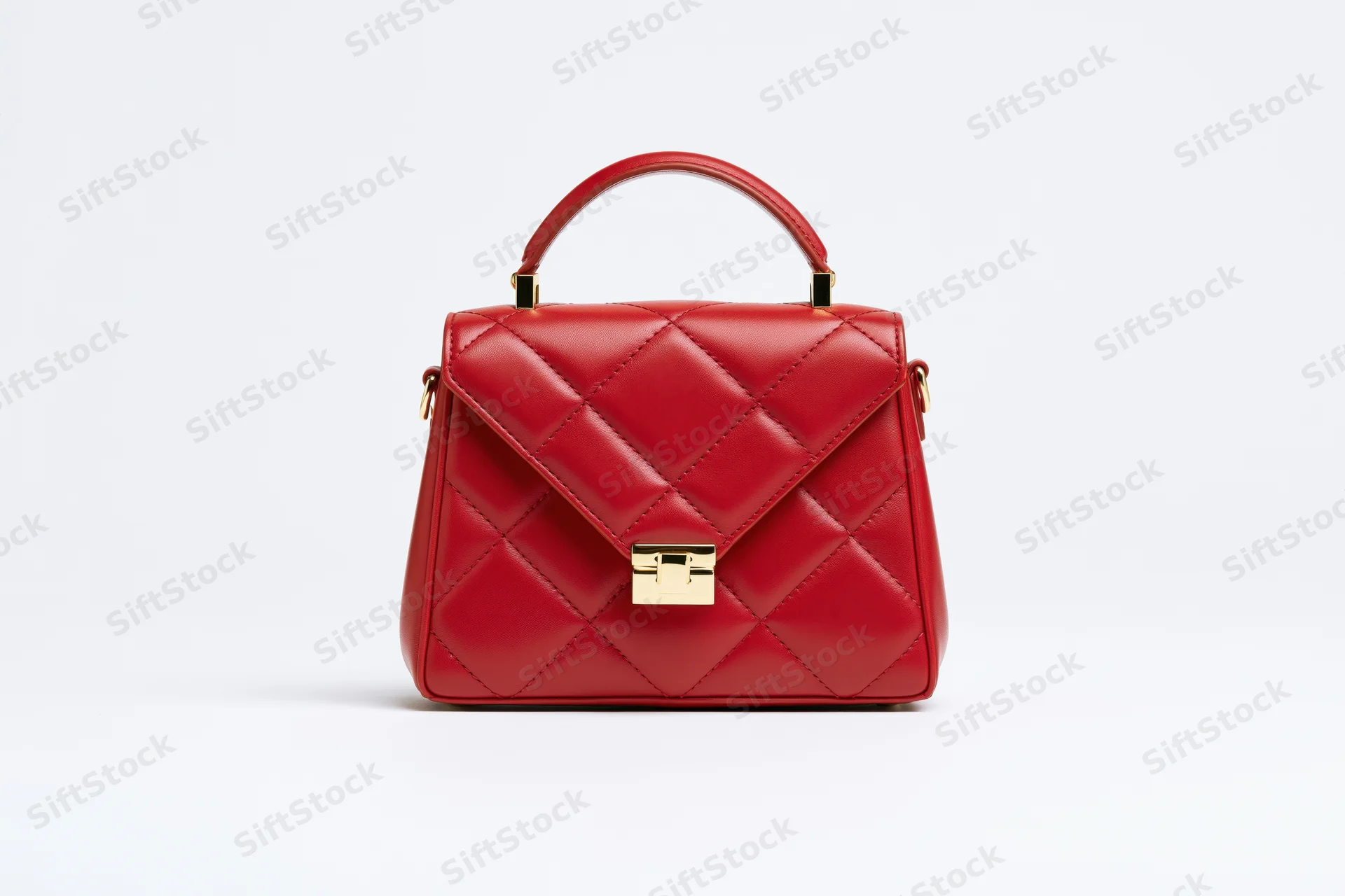 Small red quilted leather handbag with gold hardware on white background