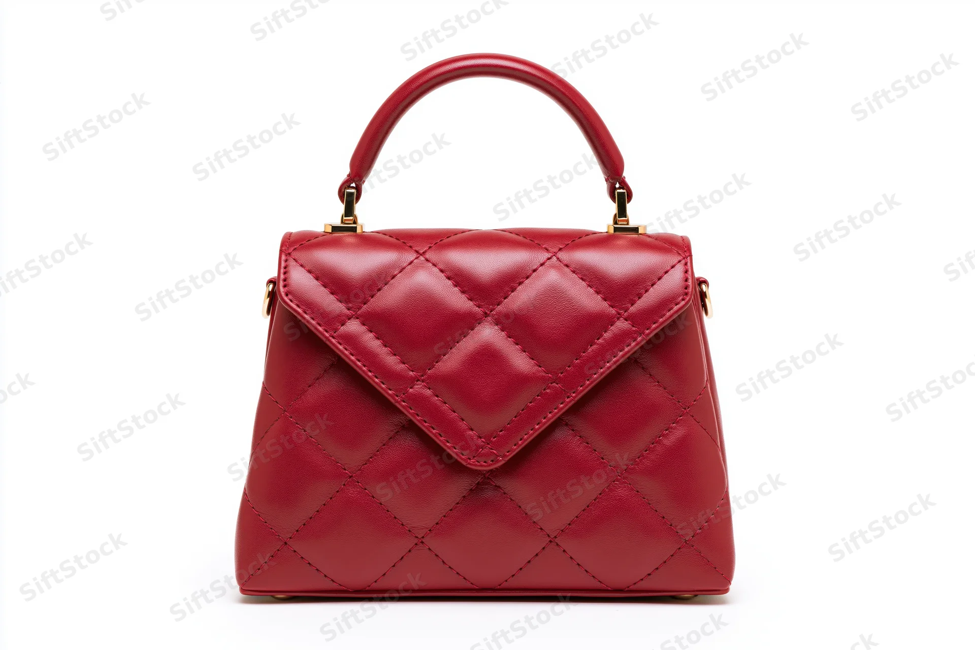 Small red quilted leather handbag with gold hardware on white background
