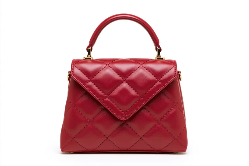 Small red quilted leather handbag with gold hardware on white background
