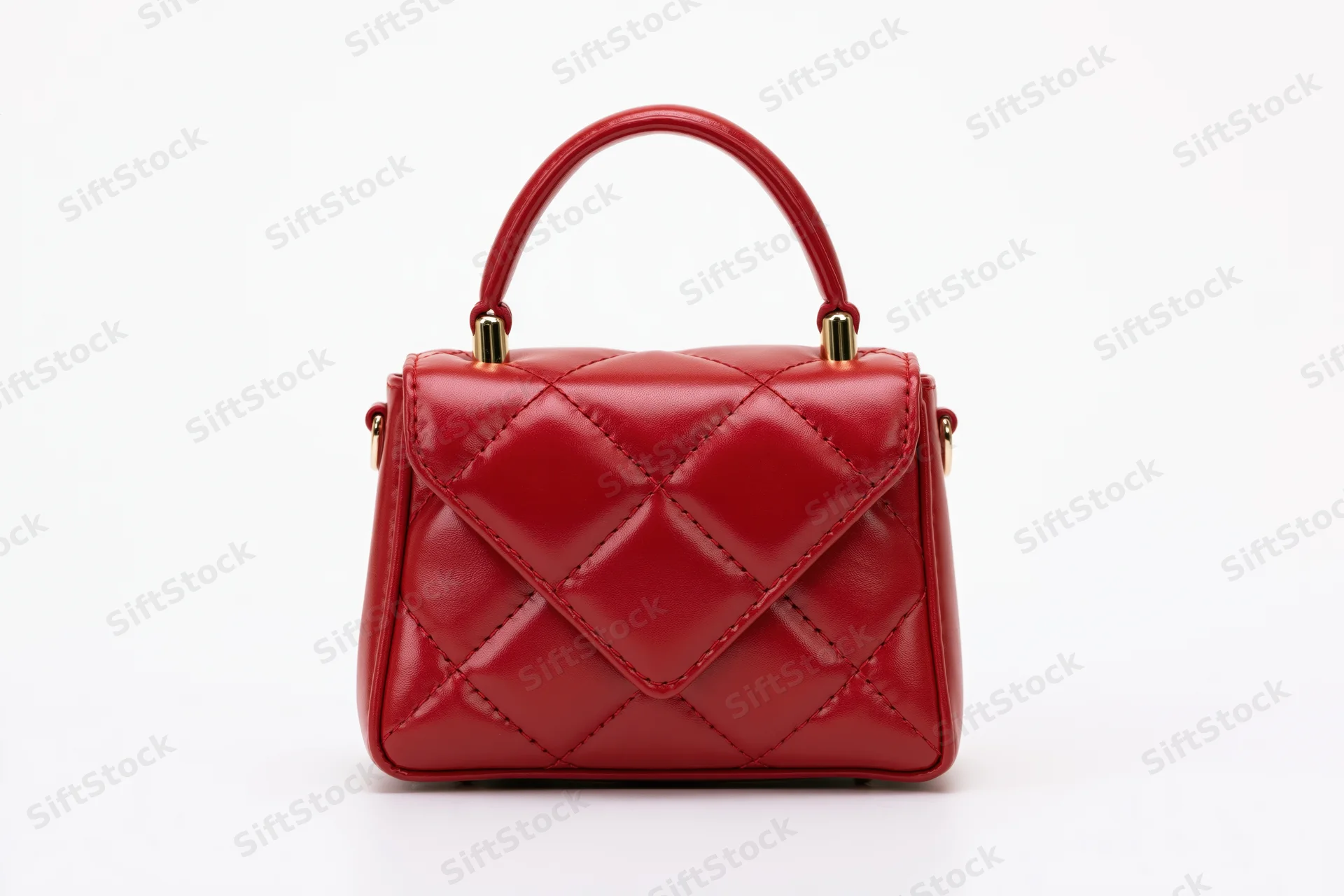 Small structured red leather handbag with quilted diamond stitching and gold hardware on white background