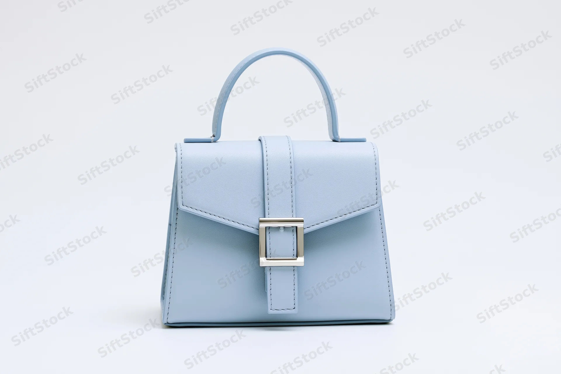 Small structured blue leather handbag with top handle and flap closure on white background