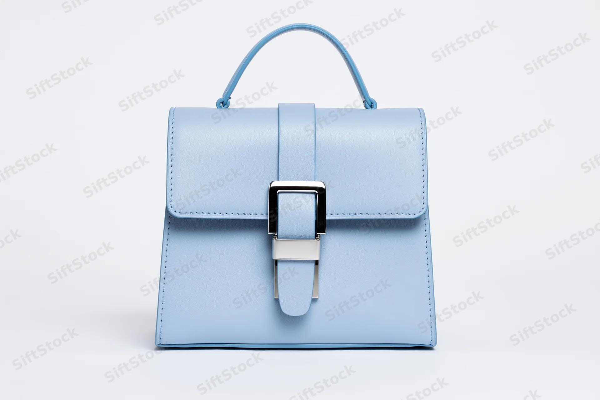Light blue structured leather handbag with top handle and metallic buckle on white background