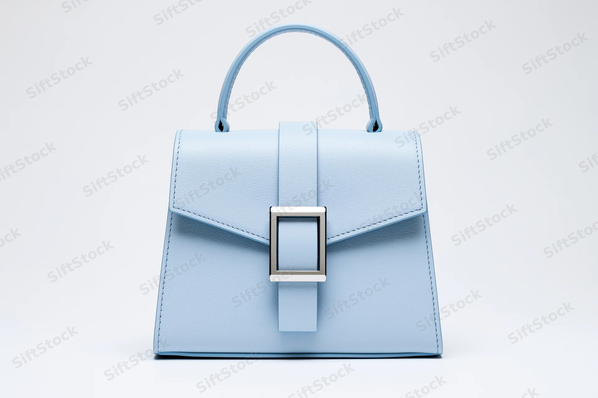 Small structured blue leather handbag with top handle on white background