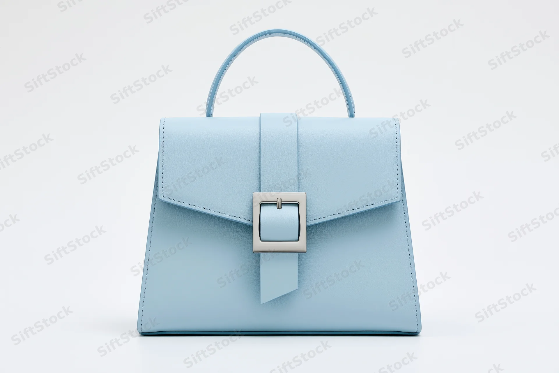 Light blue structured leather handbag with top handle and silver buckle on white background