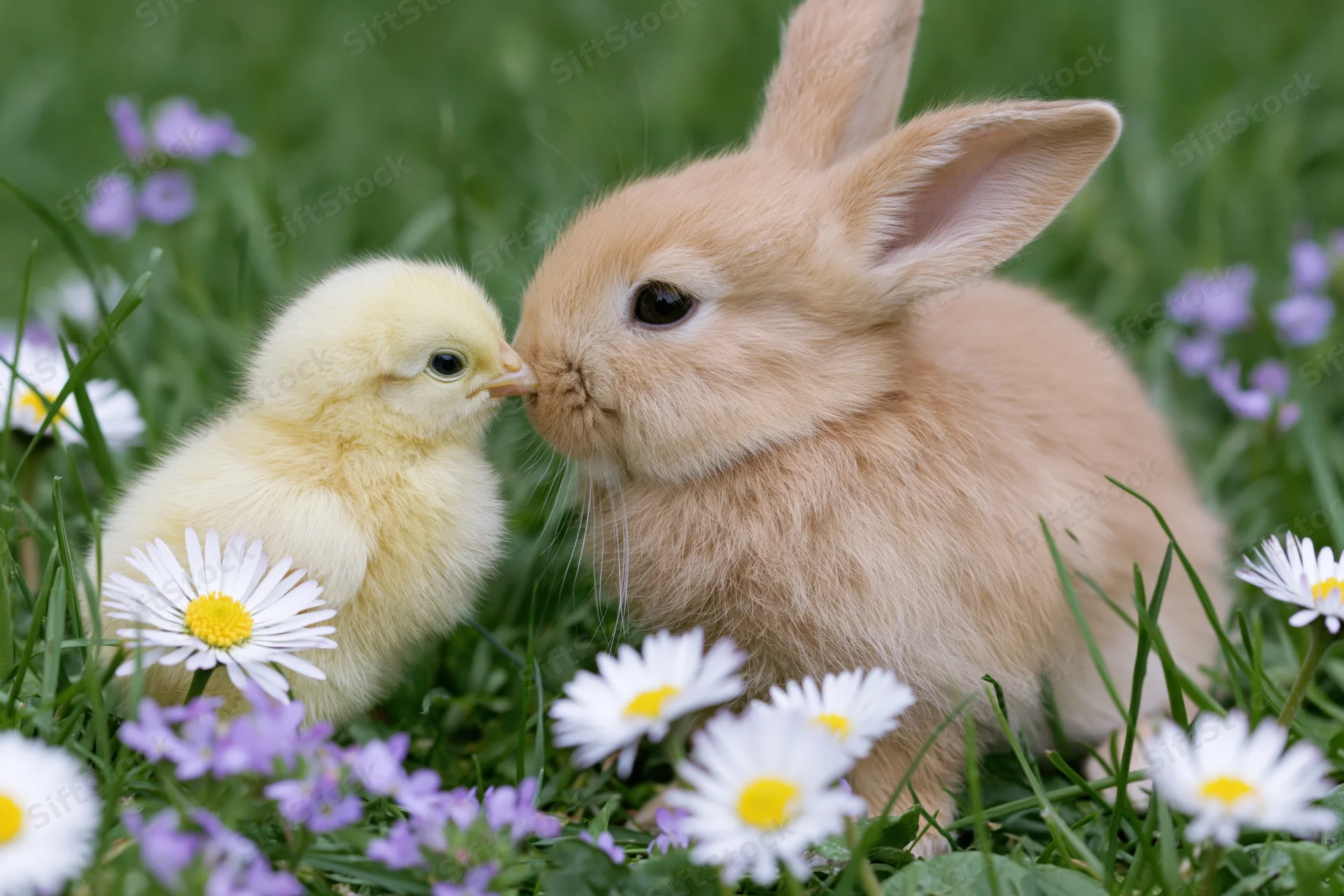 Baby rabbit and yellow chick touching noses in a grassy field with daisies and purple flowers
