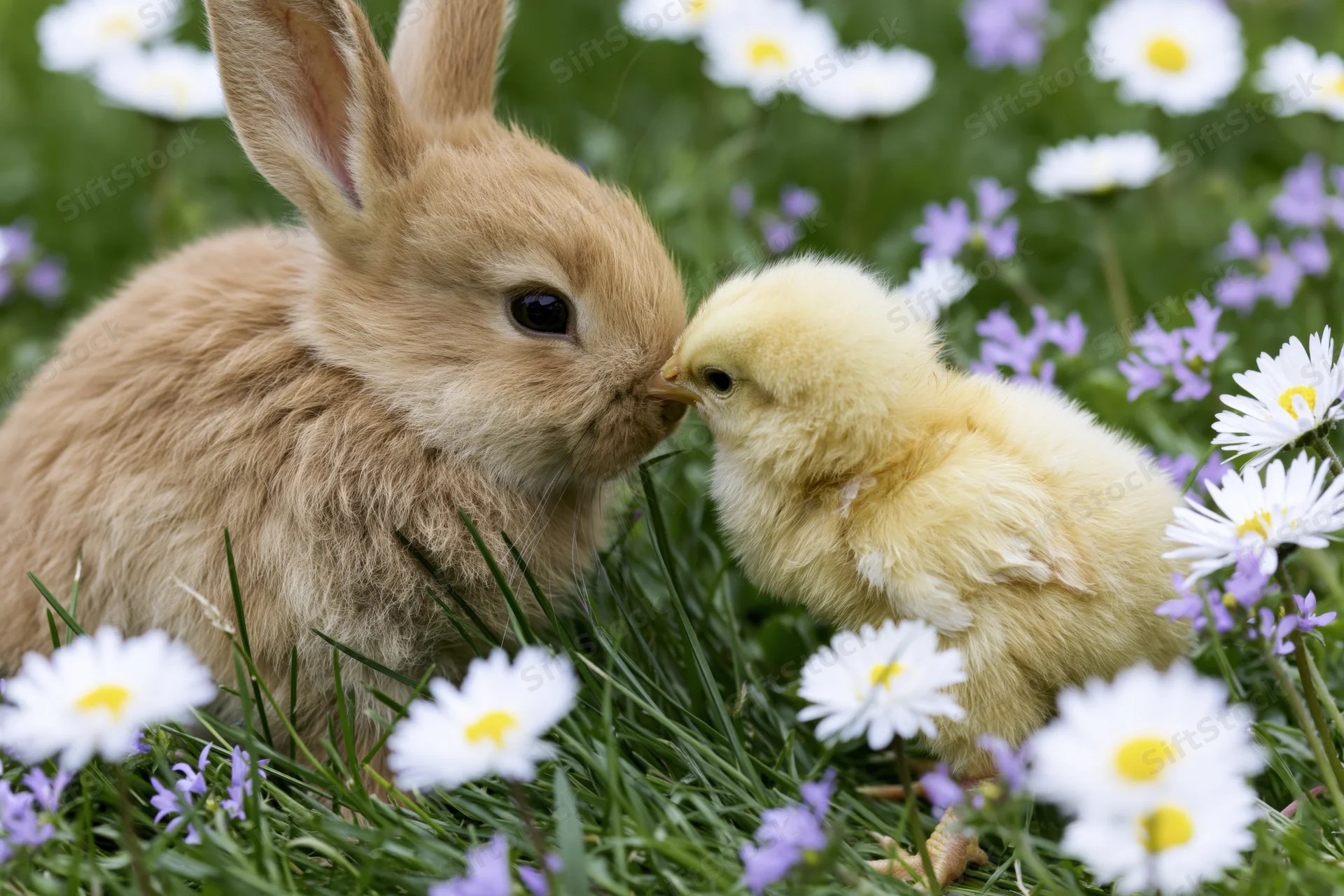 Baby rabbit and chick touching noses in a grassy field with daisies and purple flowers