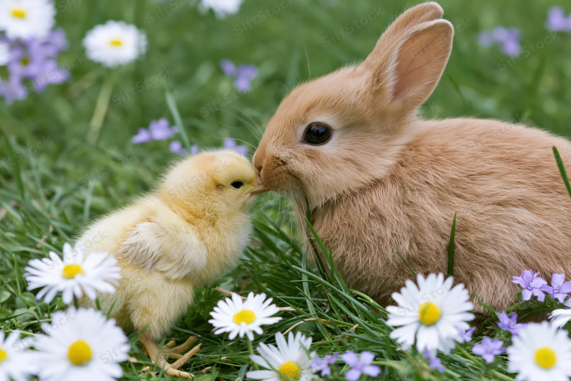 Baby rabbit and chick touching noses in a grassy field with daisies and purple flowers