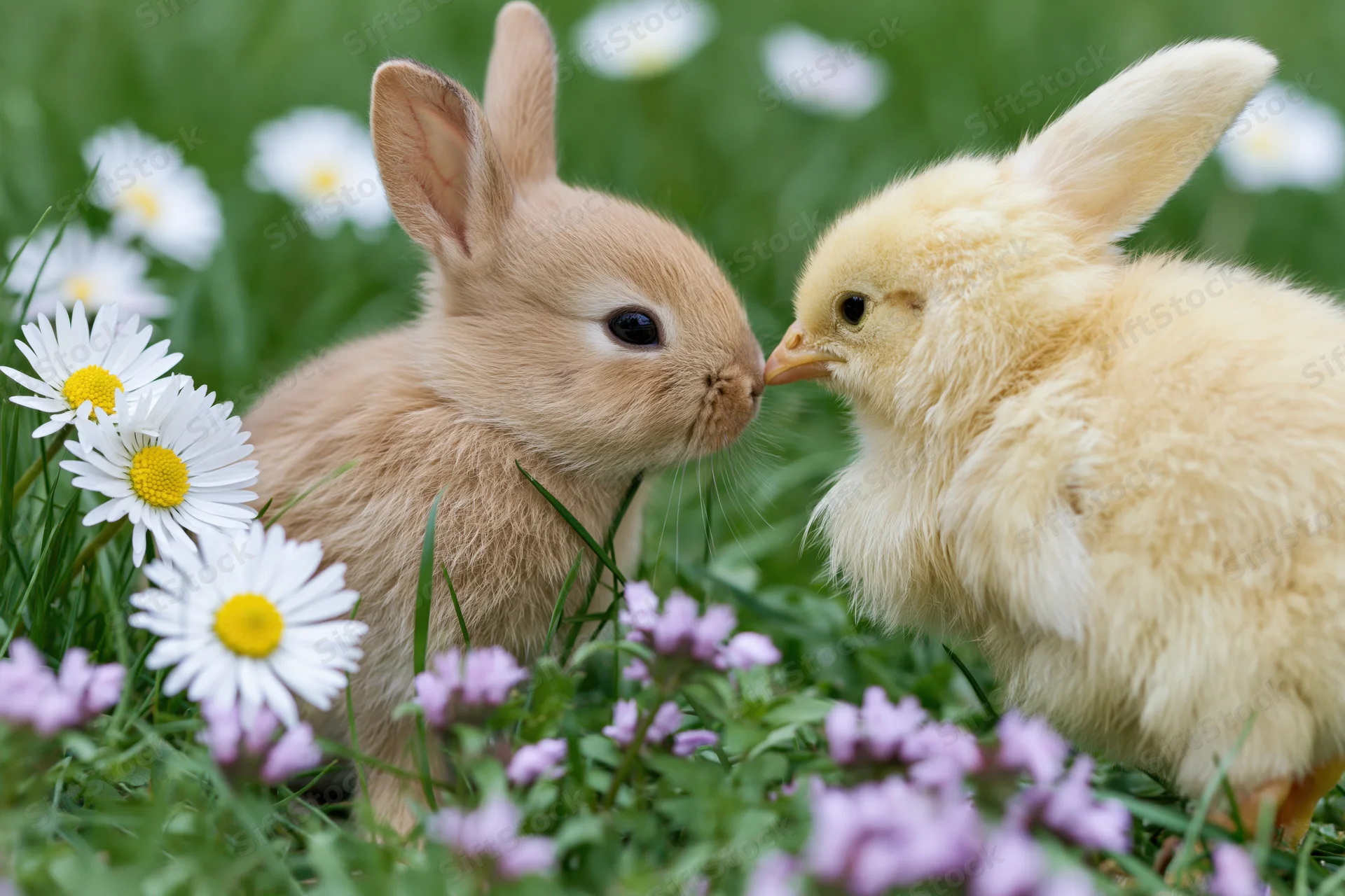 Baby rabbit and chick touching noses in a grassy field with daisies and purple flowers