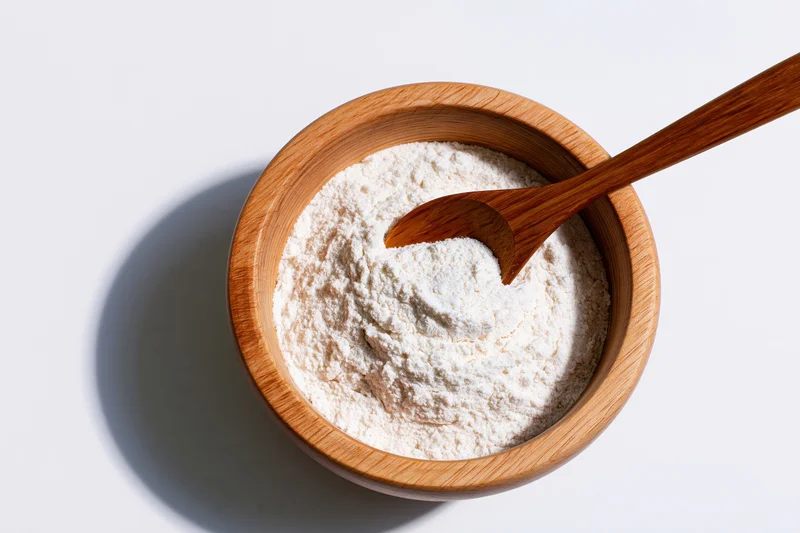 Wooden bowl filled with white flour and a wooden spoon on a plain white surface