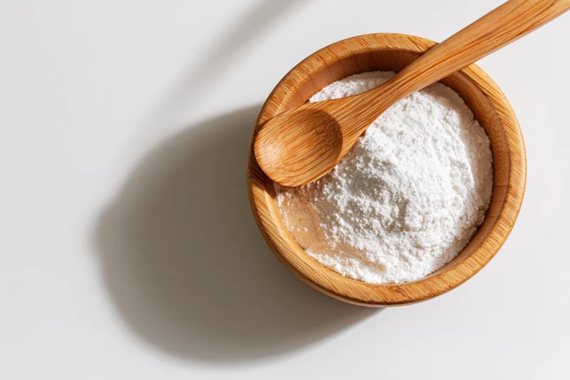Wooden bowl filled with white flour and a spoon on a light surface