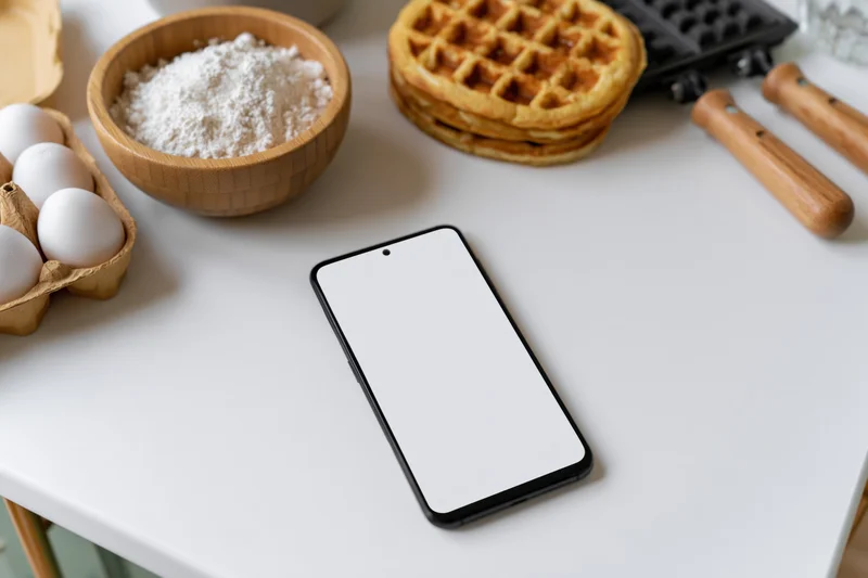 Smartphone with blank white screen lying flat on white kitchen countertop surrounded by waffle ingredients and cooking tools