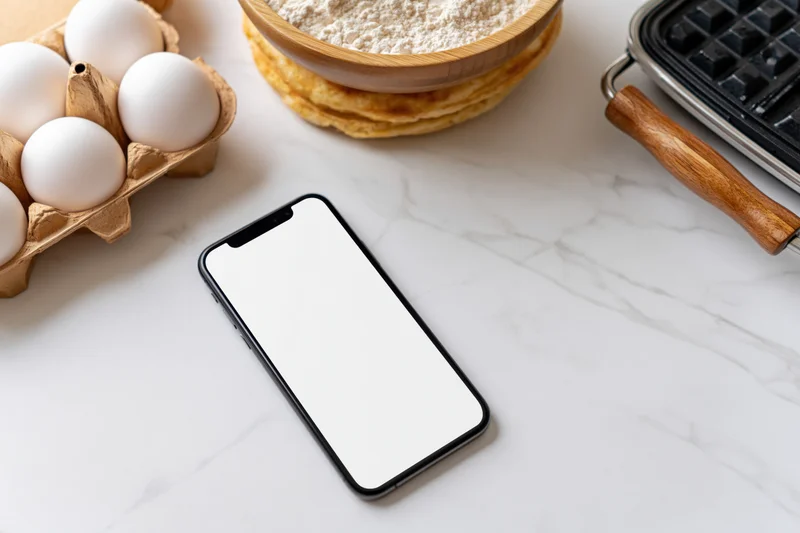 Smartphone with blank white screen lying flat on marble kitchen countertop surrounded by baking ingredients and waffle iron