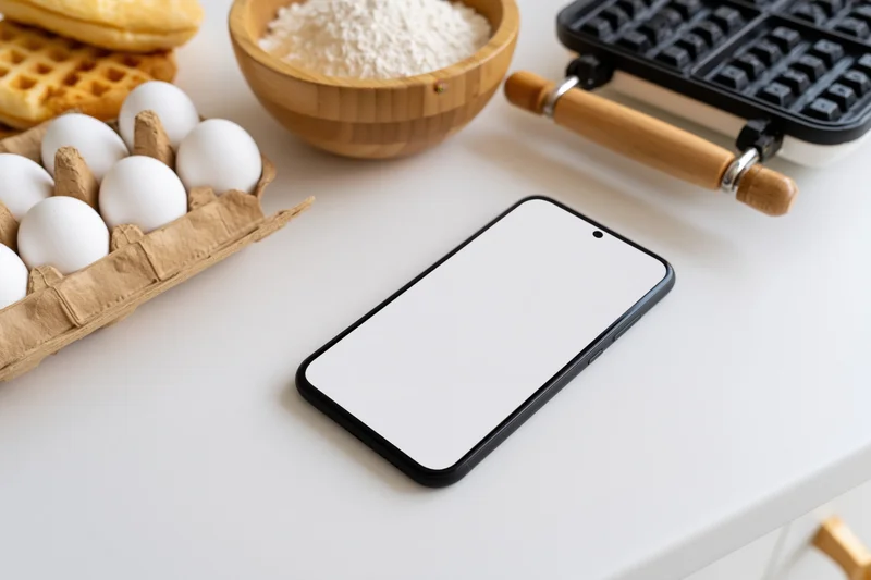 Smartphone with blank white screen lying flat on white kitchen countertop surrounded by waffle ingredients and waffle iron
