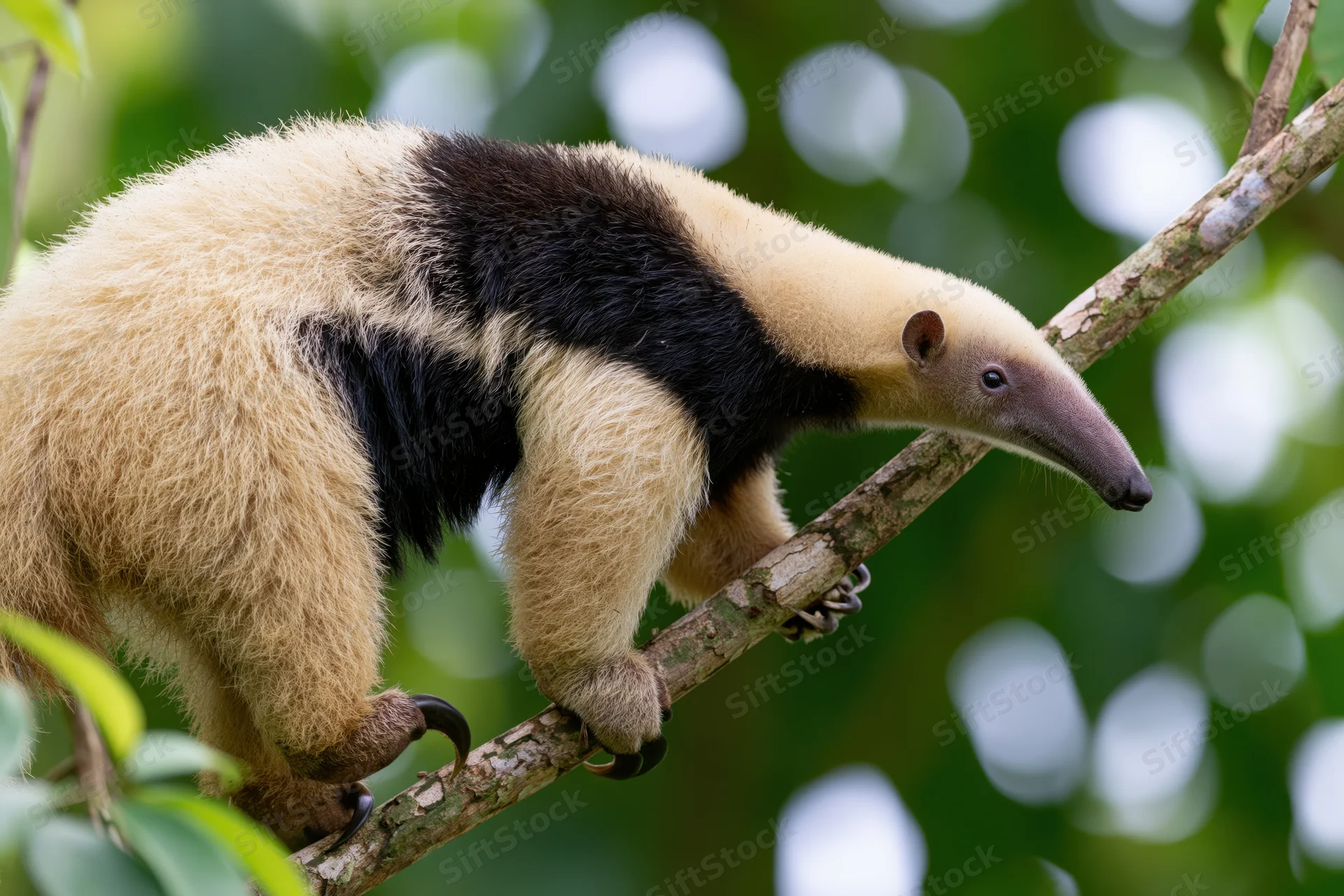 Southern tamandua climbing along a diagonal tree branch in a lush green forest