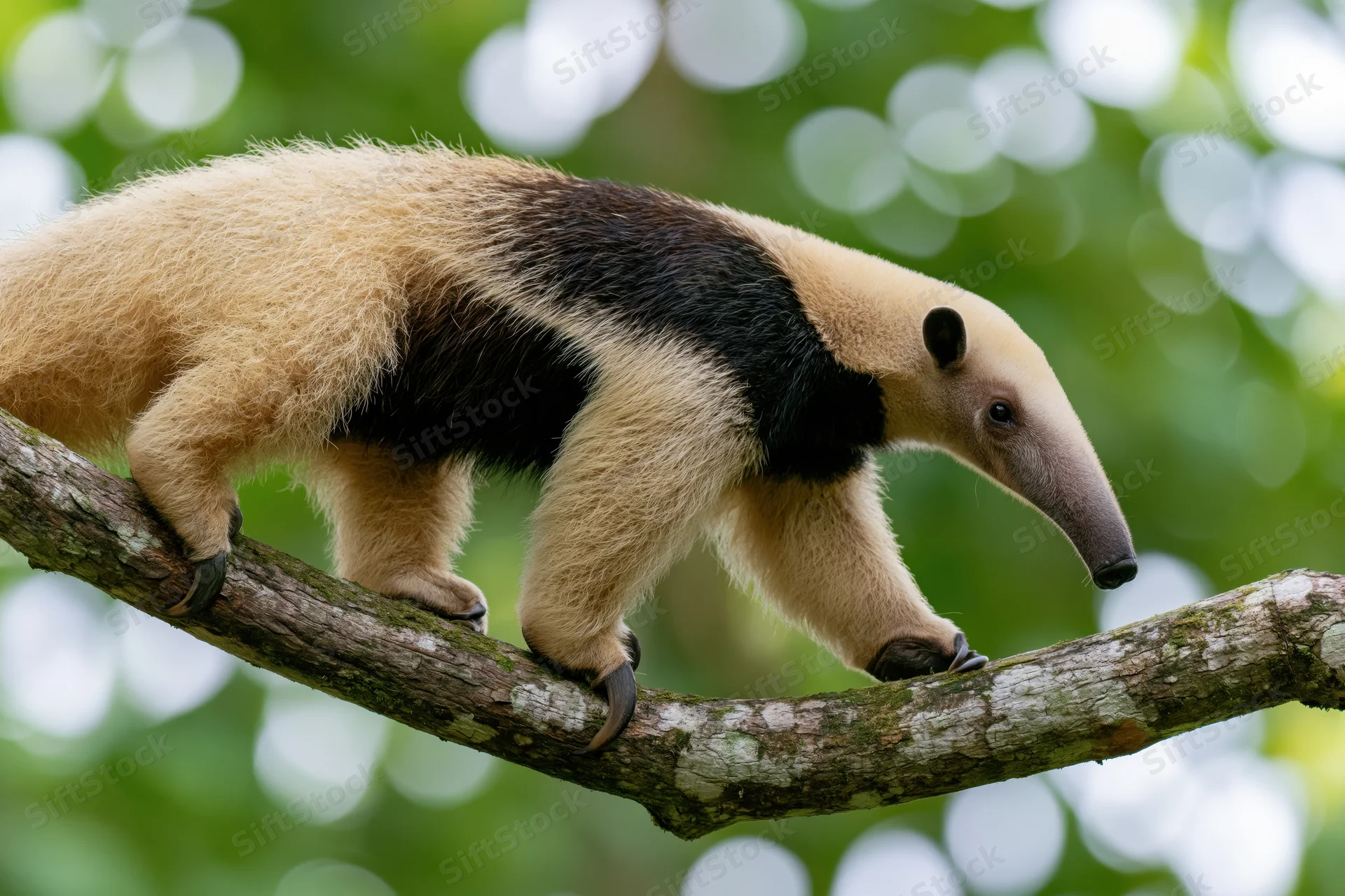 Southern tamandua walking along a diagonal tree branch in a lush green forest