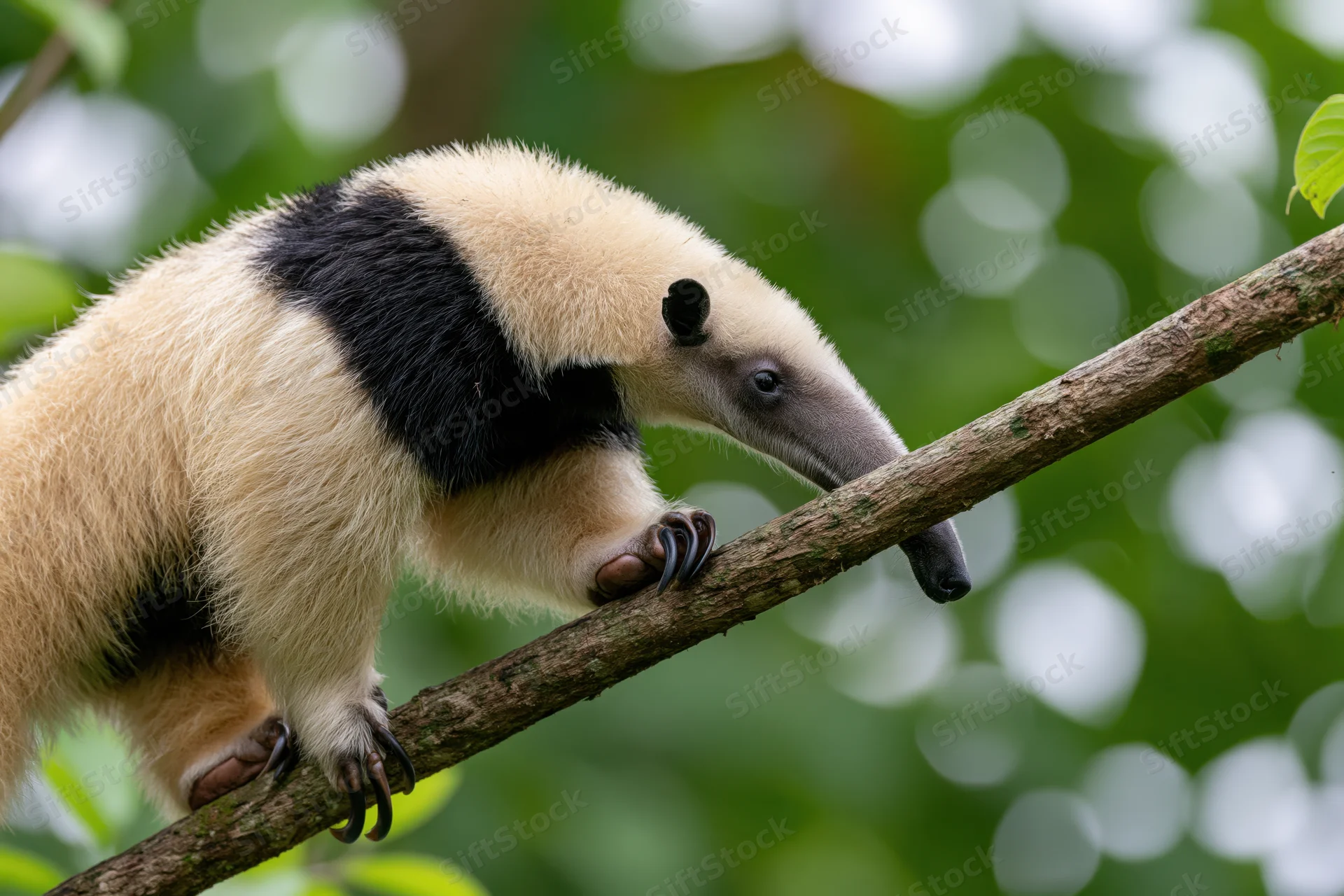 Southern tamandua climbing along a diagonal tree branch in a lush green forest