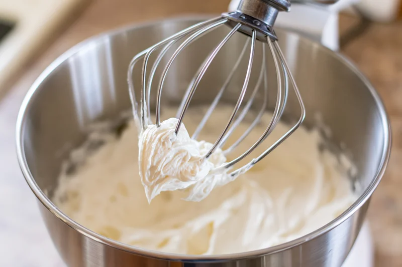 Whisk attachment lifting thick white cream from stainless steel bowl in kitchen