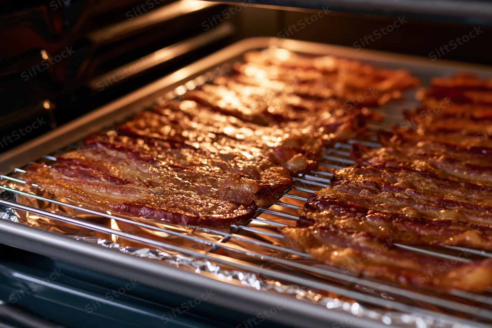 Strips of bacon cooking on a wire rack inside an oven with foil below