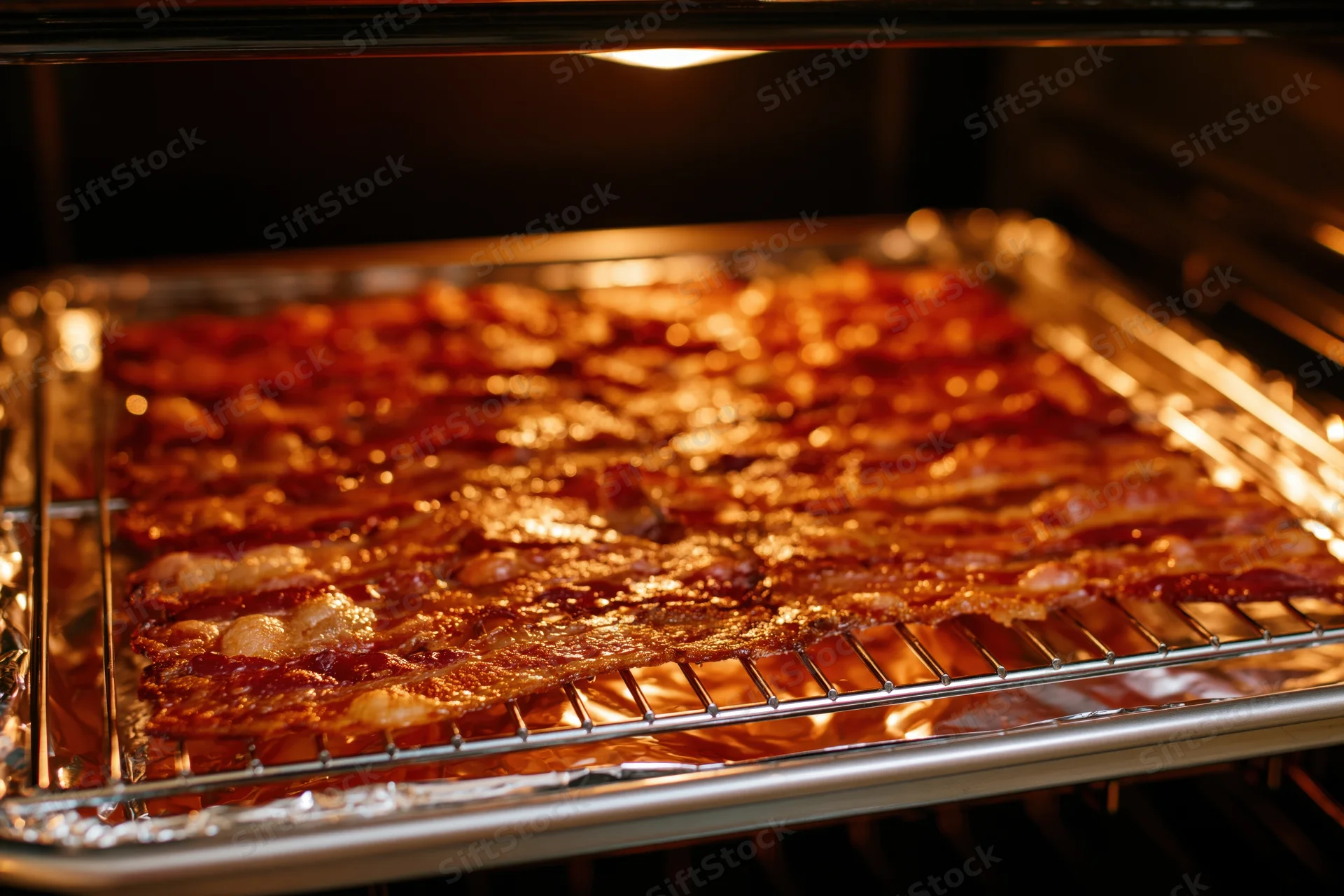 Strips of bacon cooking on a wire rack inside an oven
