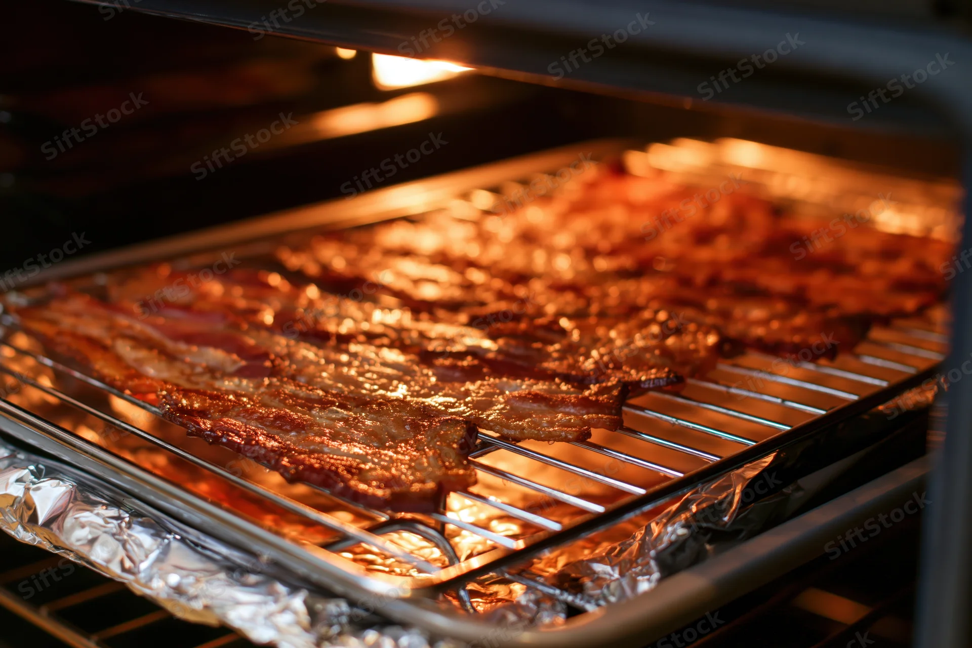 Strips of bacon cooking on a wire rack inside an oven with foil below