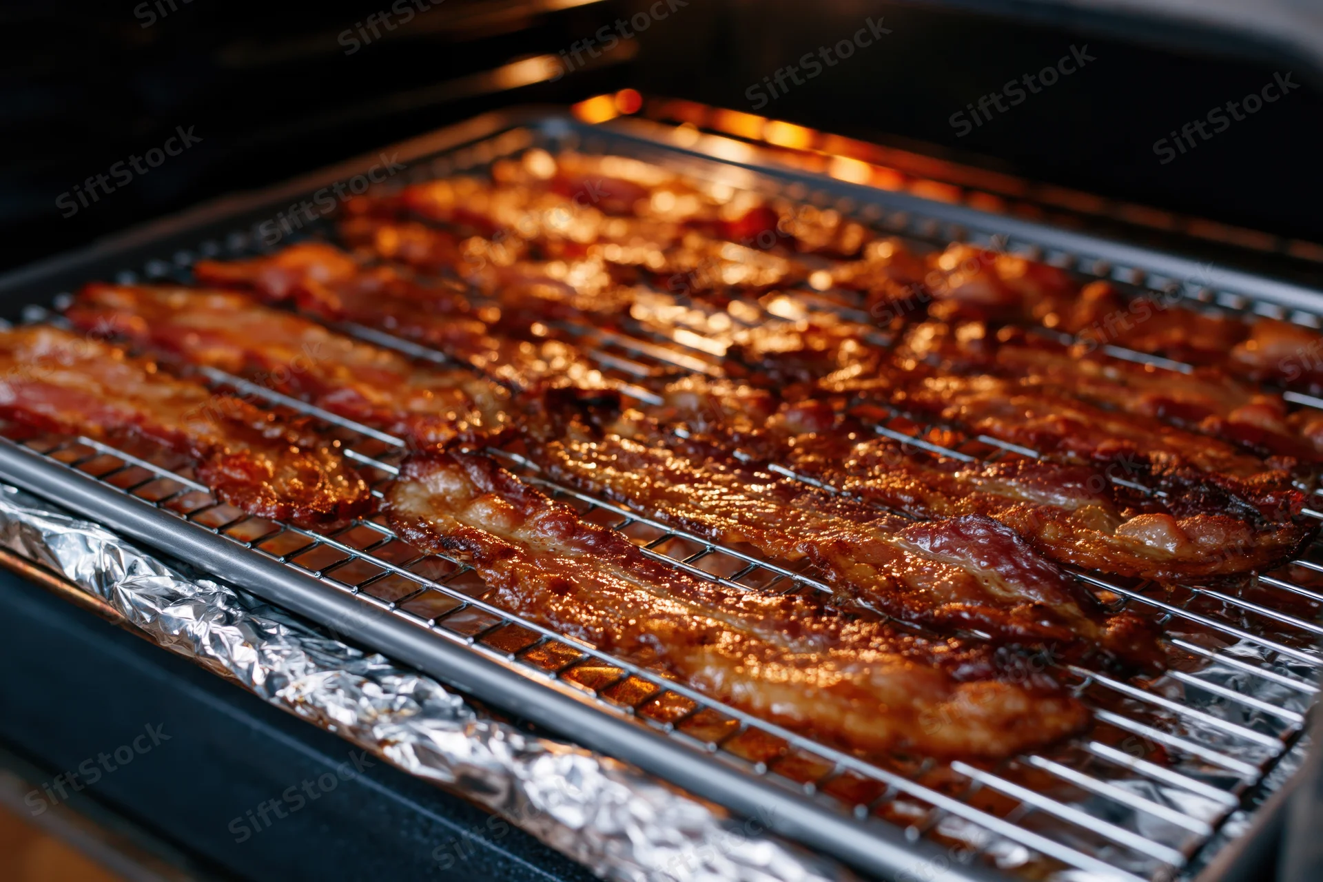 Strips of crispy bacon cooking on a wire rack over foil in an oven