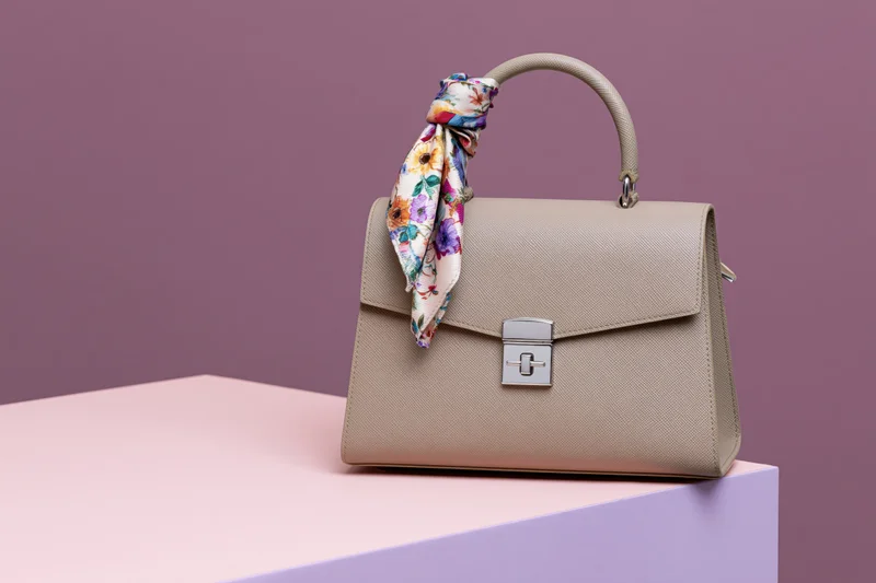 Structured beige leather handbag with floral scarf on handle displayed on pastel podium