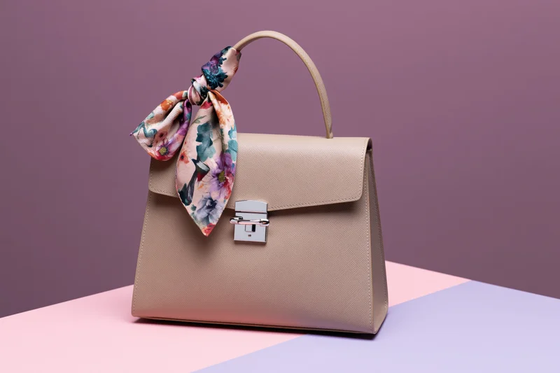 Structured beige leather handbag with floral scarf on handle displayed on pastel surface