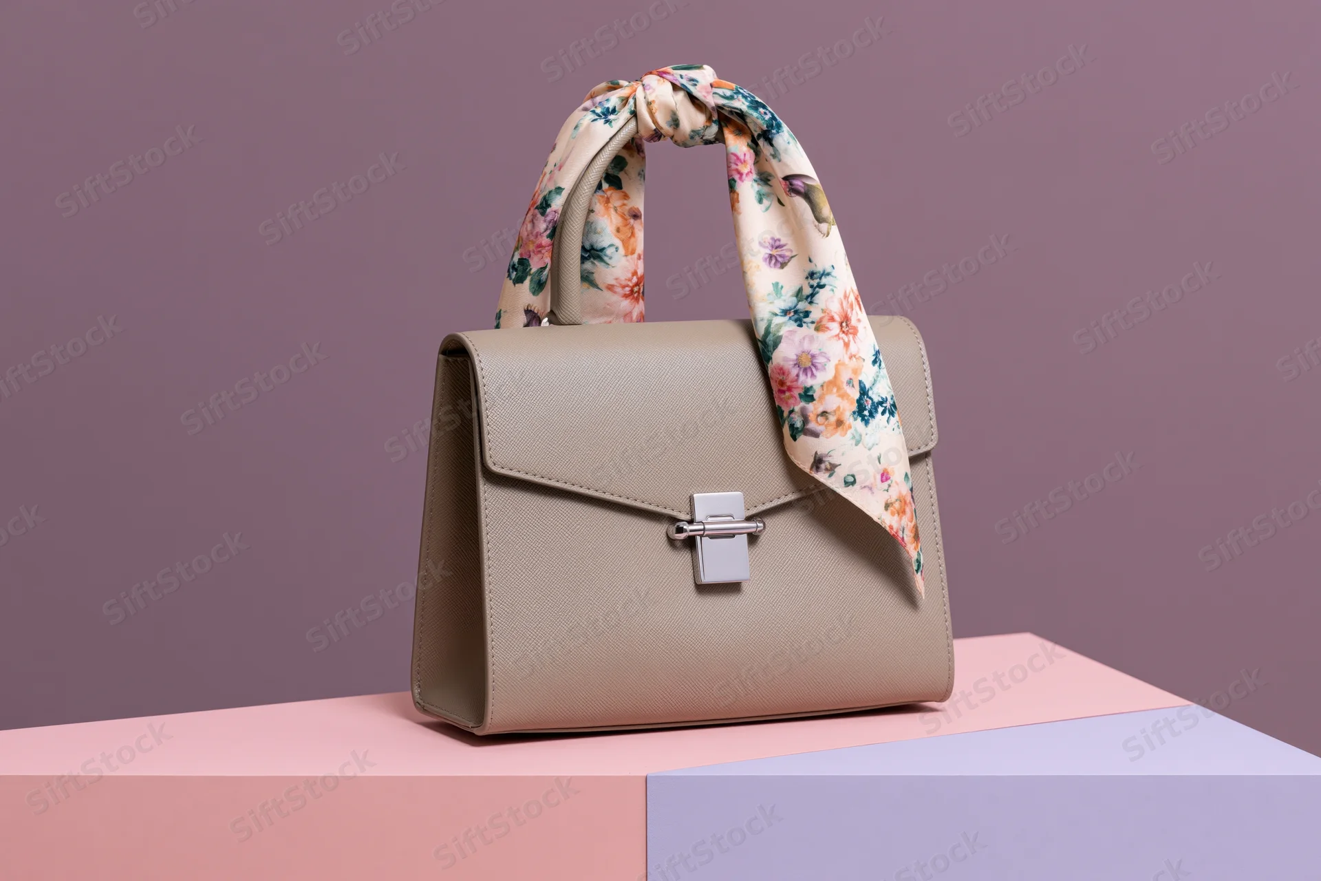 Beige leather handbag with floral scarf on handle displayed on pastel platform