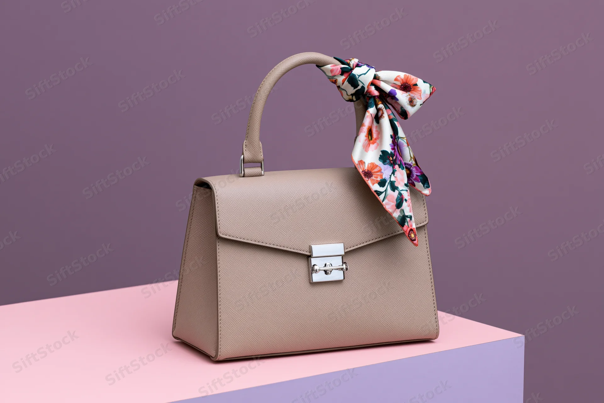 Structured beige leather handbag with floral scarf on handle displayed on pastel platform