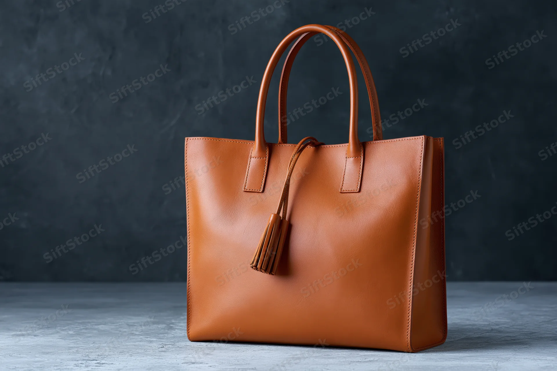 Structured tan leather tote handbag with double top handles and tassel on dark textured background
