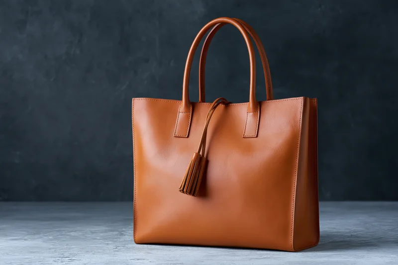 Structured tan leather tote handbag with double top handles and tassel on dark textured background